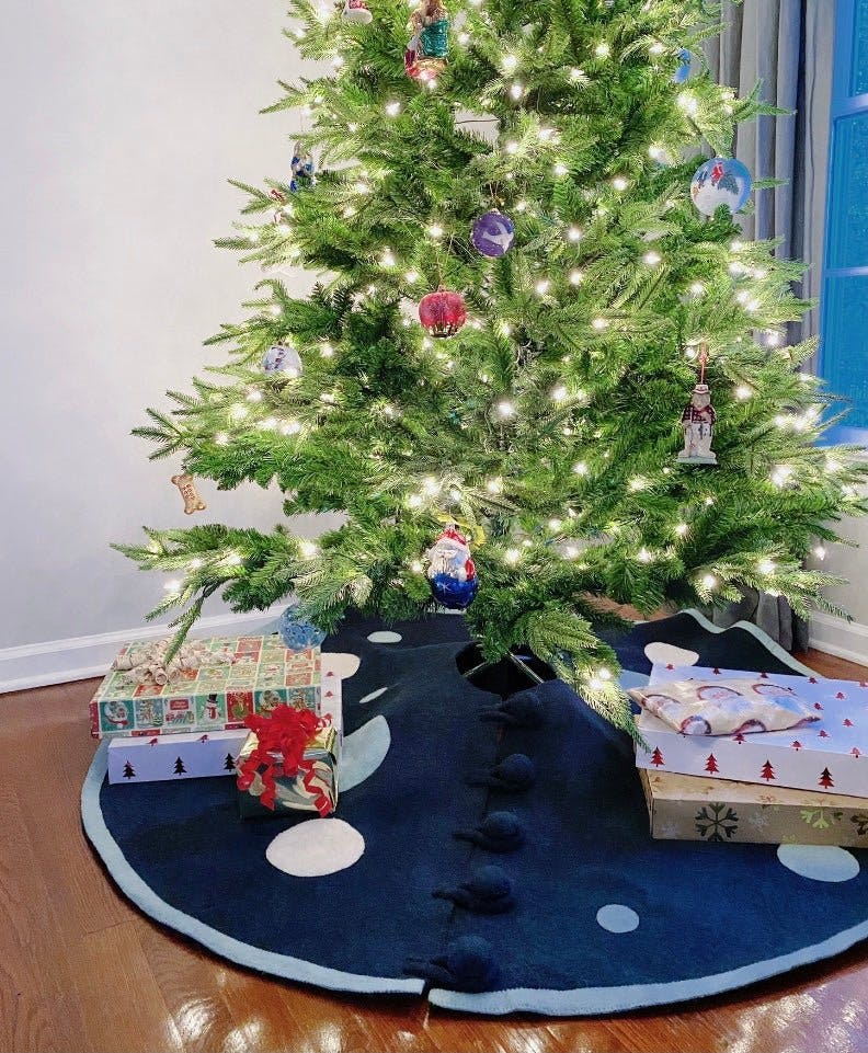 Hand Felted Wool Blue Polka Dots Christmas Tree Skirt 60"