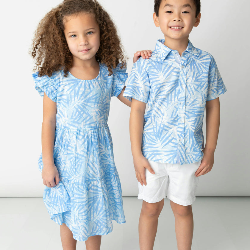 Tropical Palms Blue Shirt in Short Sleeves