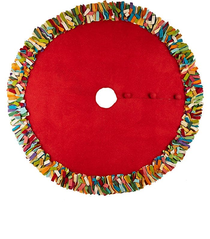 Handmade Felt Multicolor Fringe Border Red Wool Christmas Tree Skirt