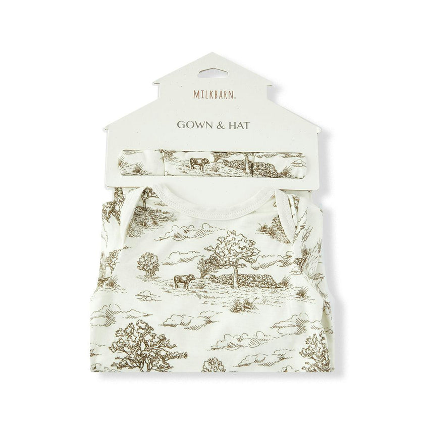 Country Toile Luxe Stretch Newborn Gown & Hat Set