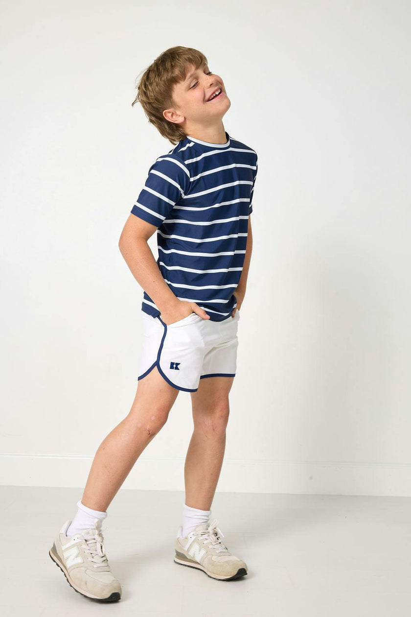 white retro super short with navy piping