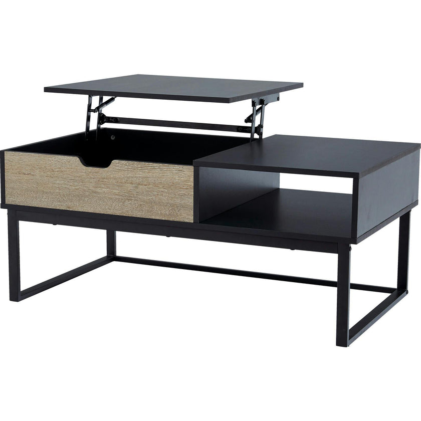 Bryson Two-Tone Natural Wood Grain Color with Manual Lift and Lower Top Coffee Table Desk with Open Storage and Metal Legs