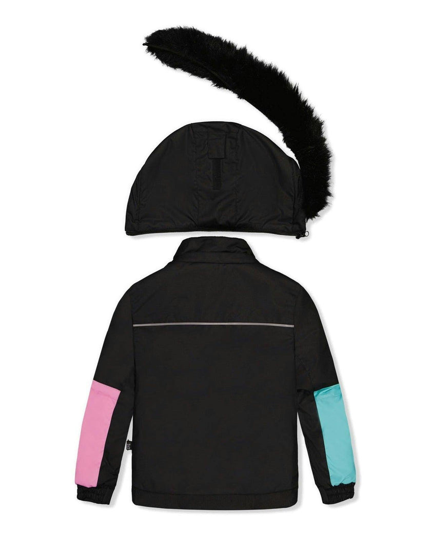 Two Piece Play Snowsuit Black, Blue And Pink Colorblock With Heart Print Pants