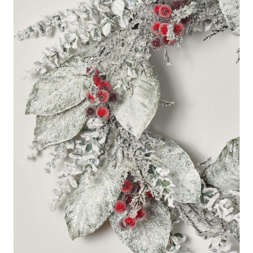 Snow Covered Magnolia Leaf & Eucalyptus with Iced Sugar Berry Seed Pods Holiday Winter Wreath