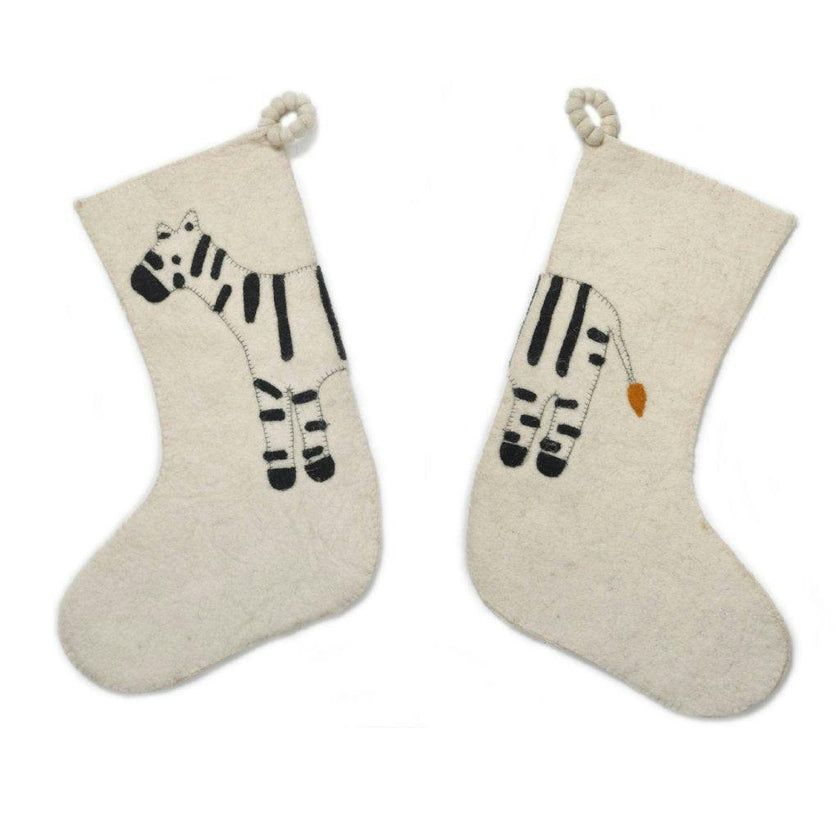 Zebra Double Sided Cream Hand Felted Wool Kids Christmas Stocking Cream