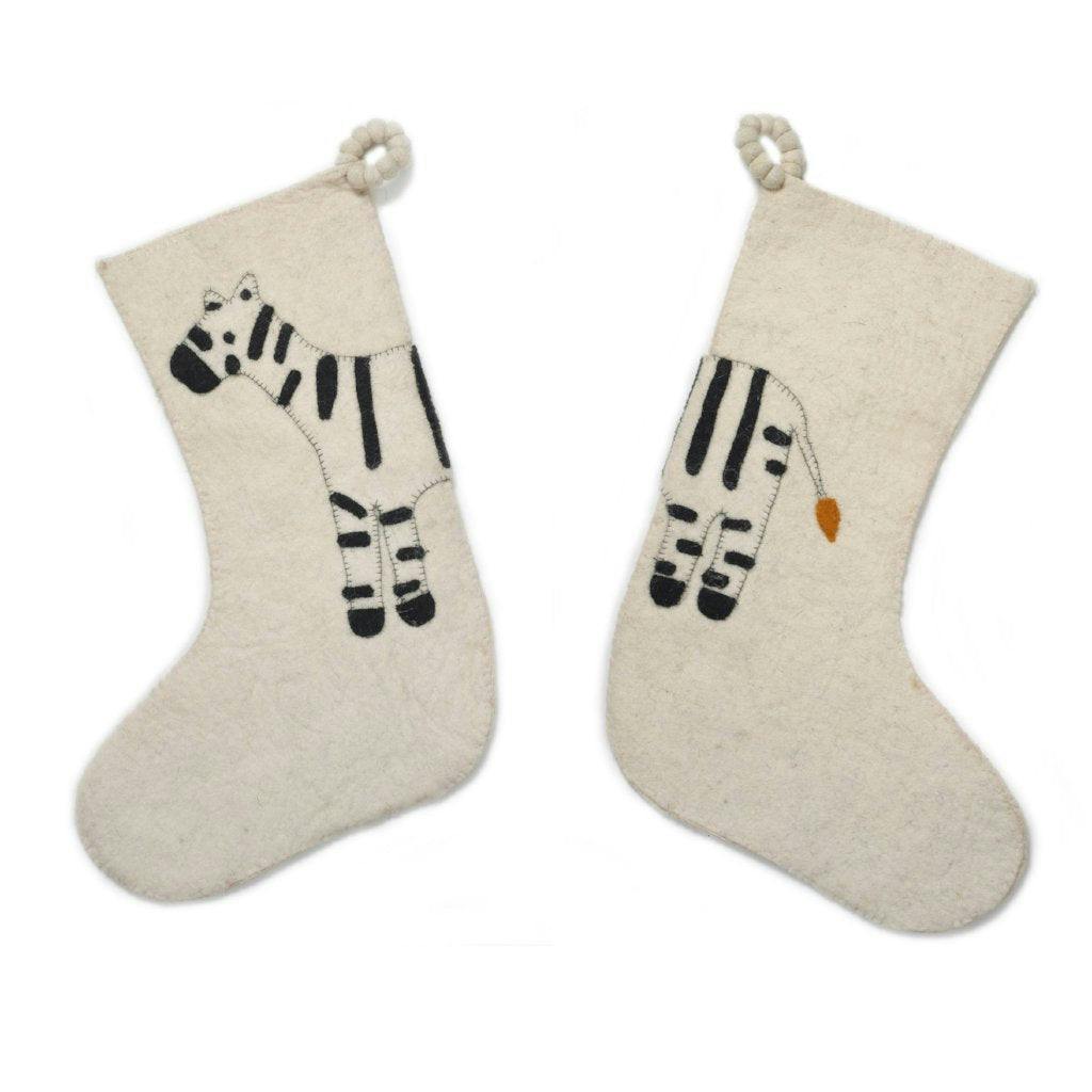 Zebra Double Sided Cream Hand Felted Wool Kids Christmas Stocking Cream Arcadia Home