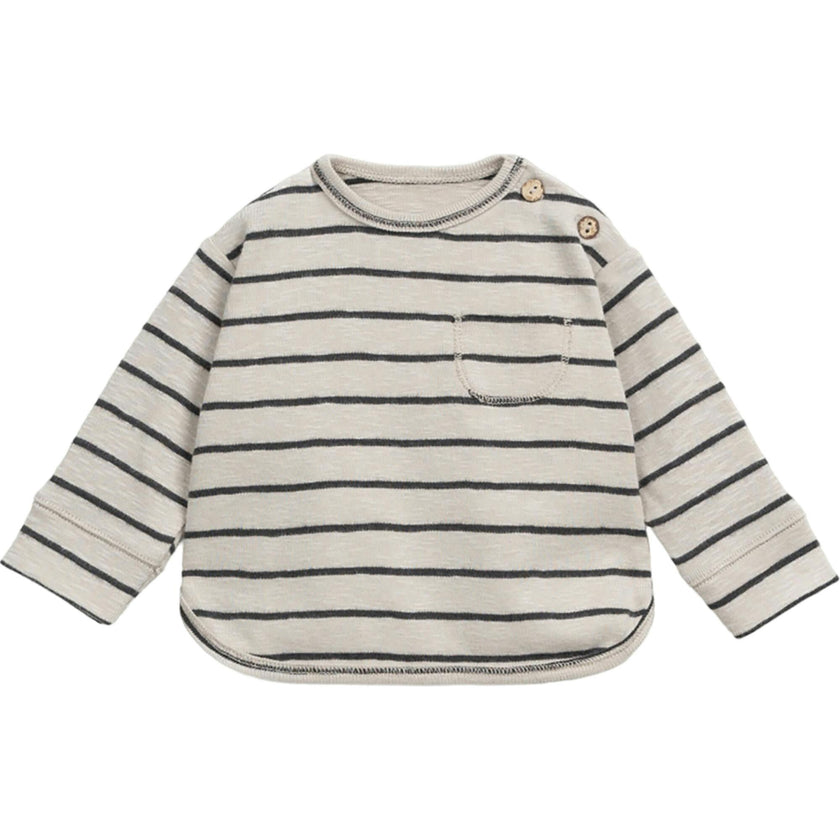 Jersey Striped Crew Neck Long Sleeve 2-Button Shoulder Pocket T-Shirt