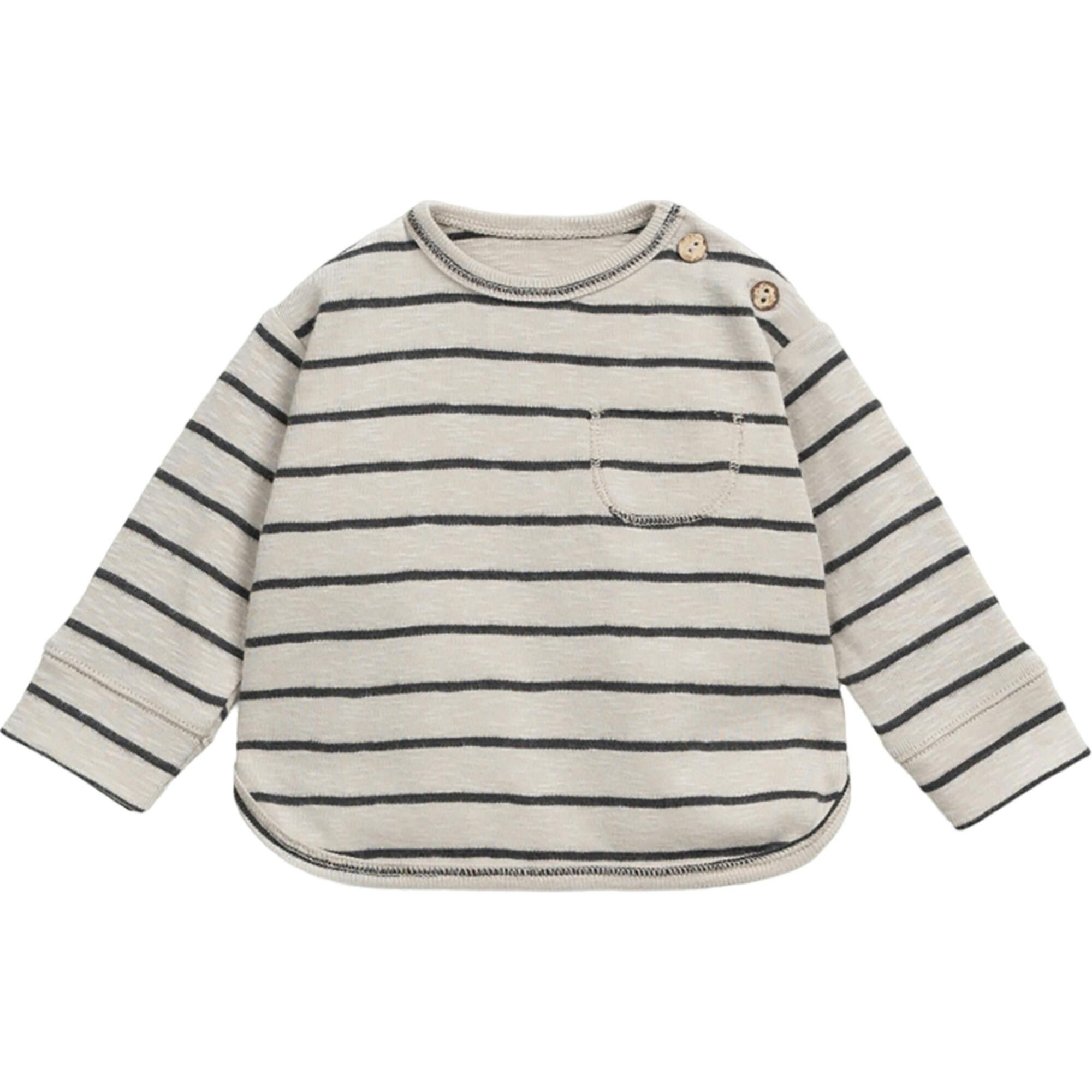 Jersey Striped Crew Neck Long Sleeve 2-Button Shoulder Pocket T-Shirt
