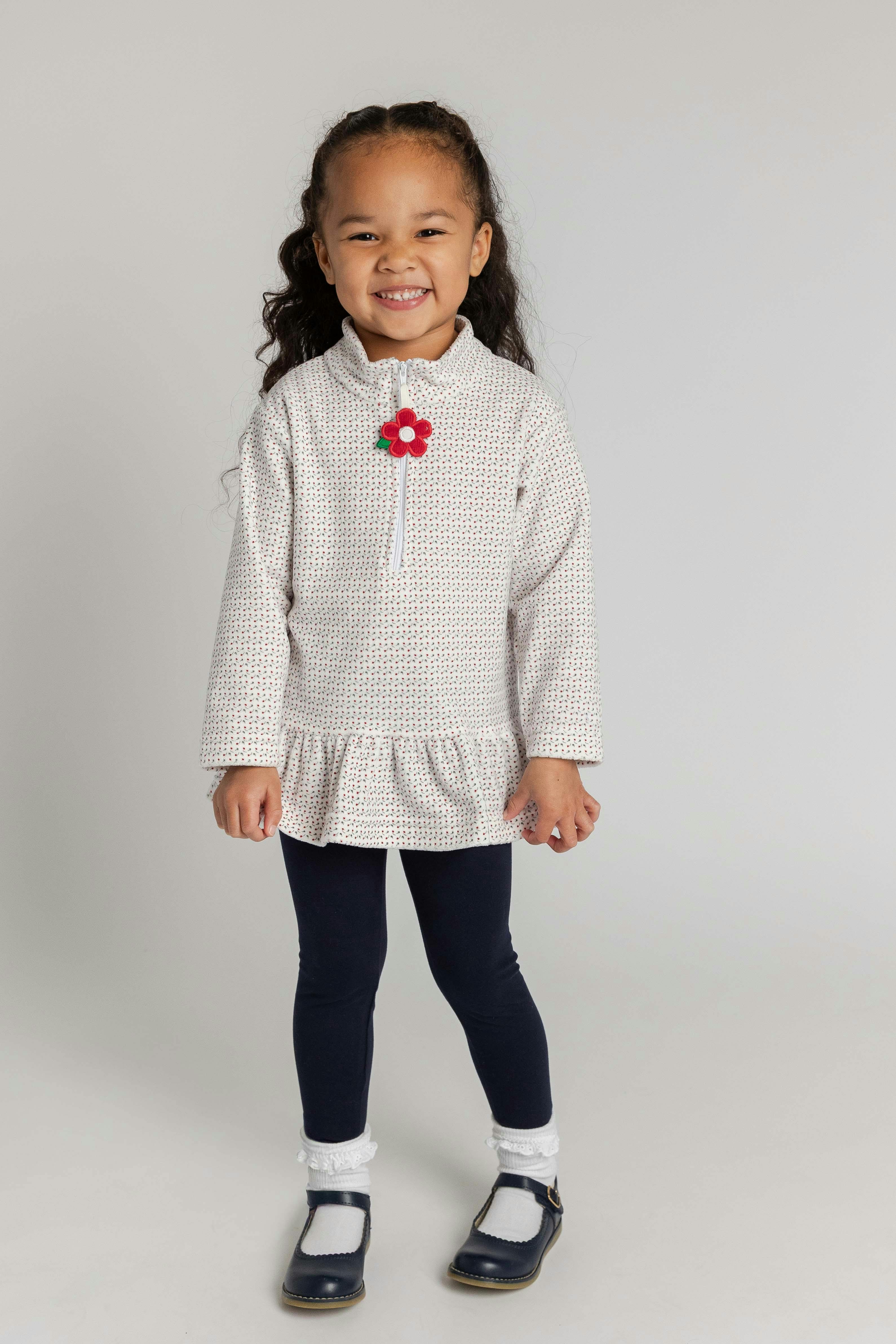 Printed Velour Half Zip Top with Flower Pull