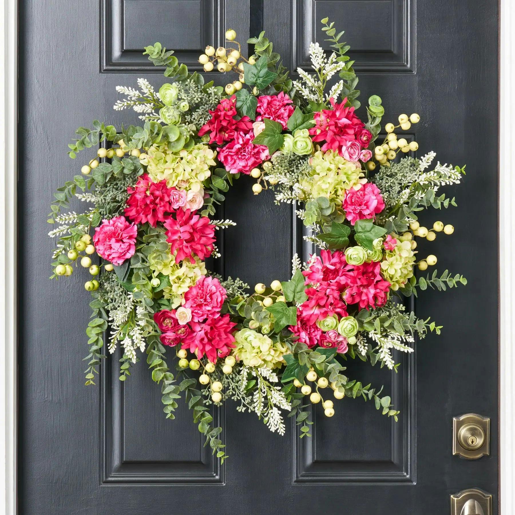 Hydrangea Dahlia Wreath - Fuchsia & Green Spring Summer Door Decor