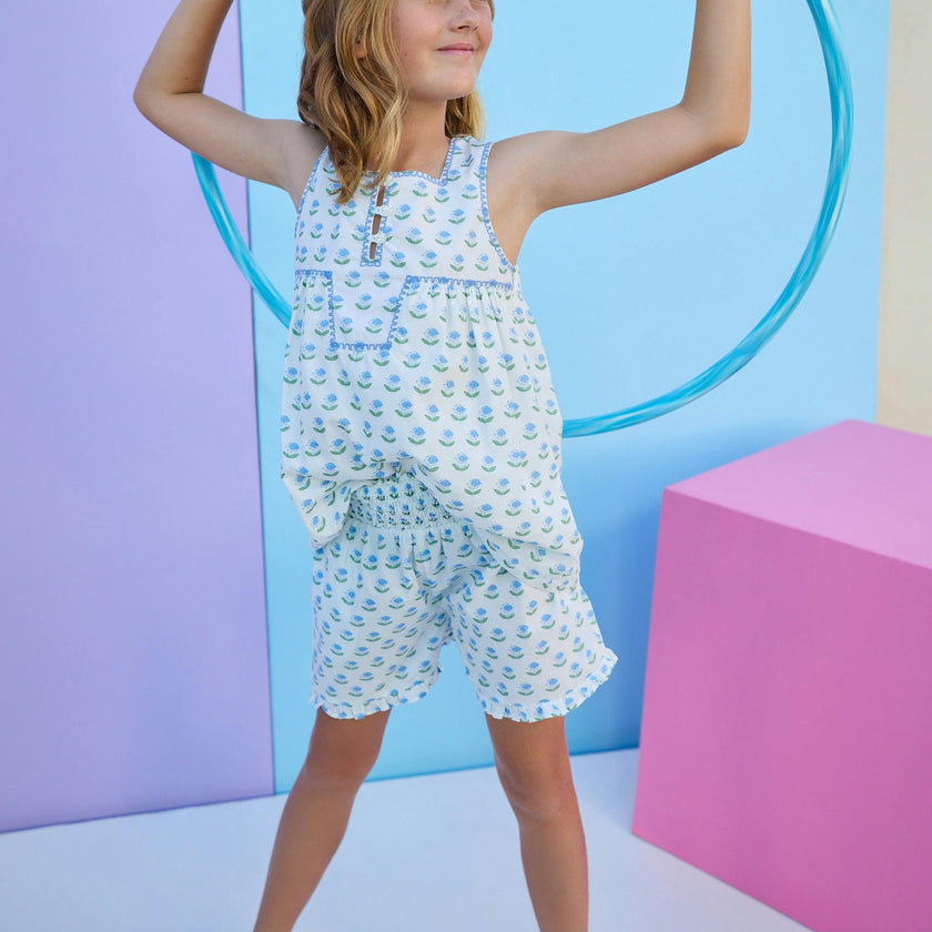 Shirred Ruffle Shorts - Blue Tulip Block Print