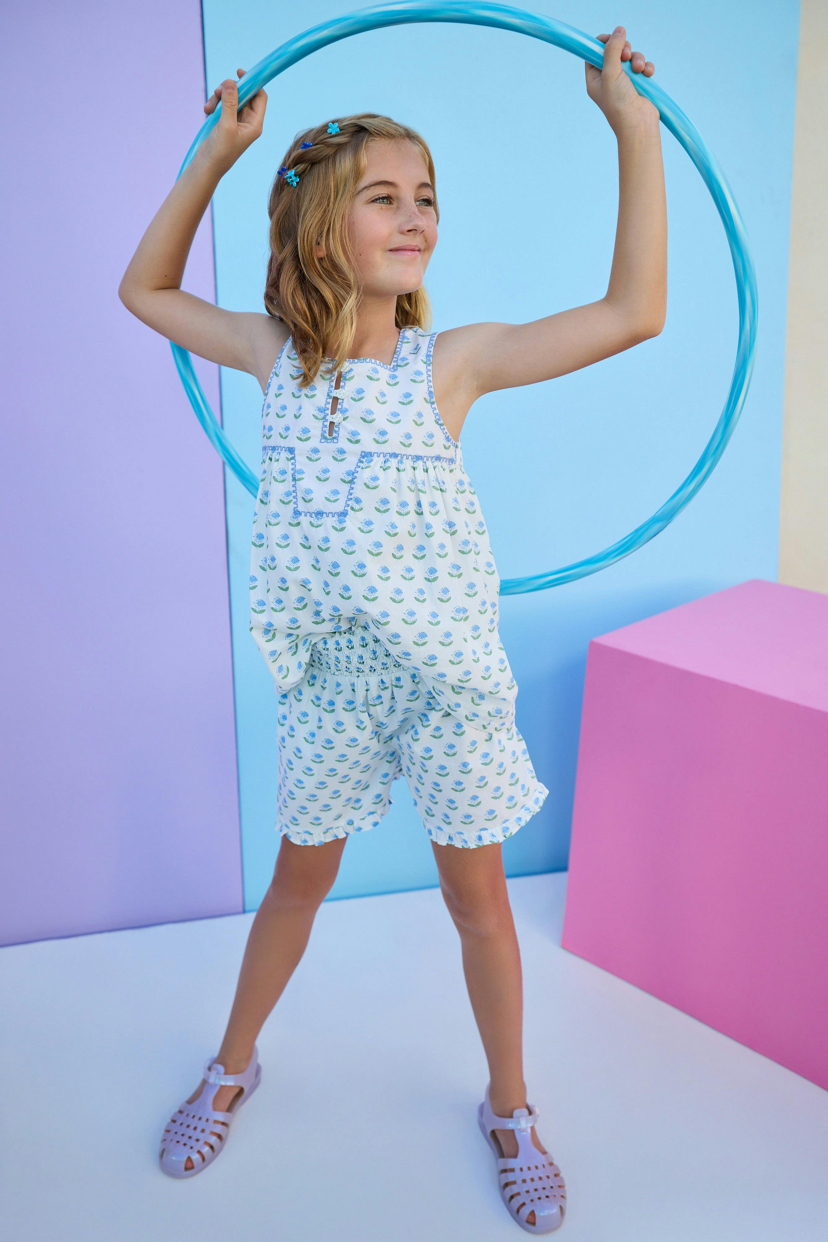 Shirred Ruffle Shorts - Blue Tulip Block Print