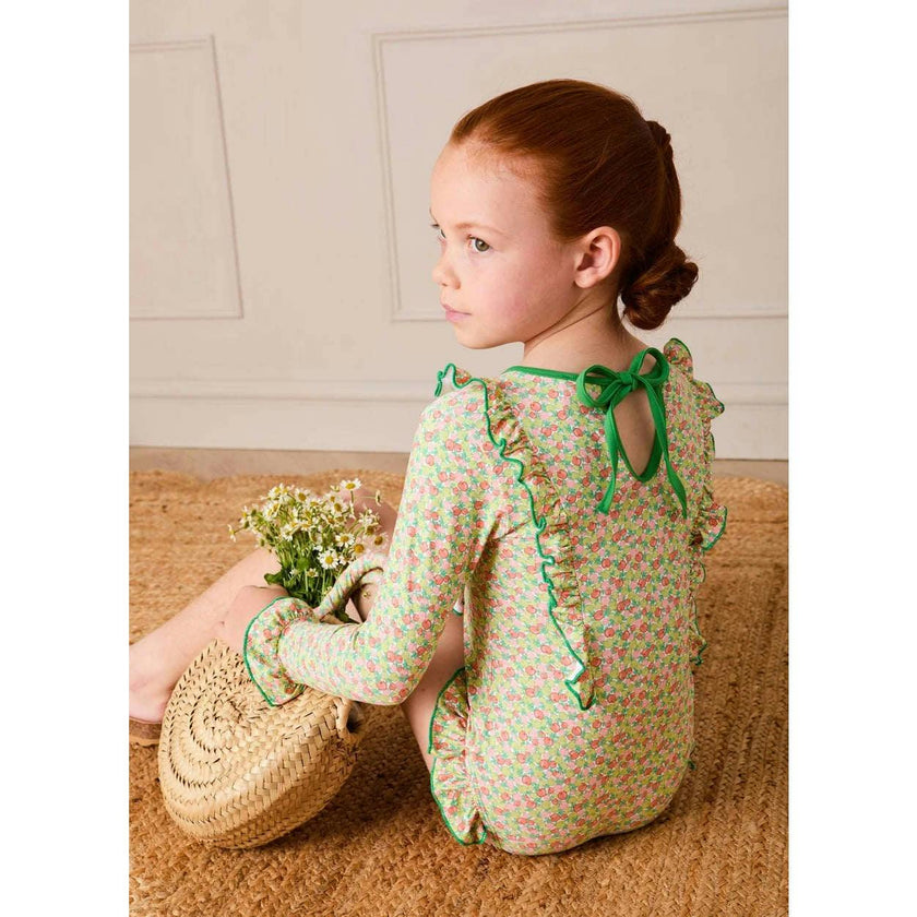 Annie Apple Print Ruffle Detail Long Sleeve Swimsuit in Green (12mths- 10yrs)