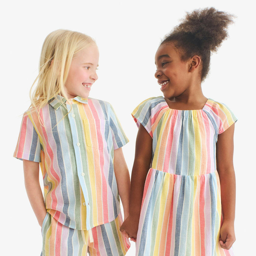 Kids cotton gauze button down in rainbow stripe