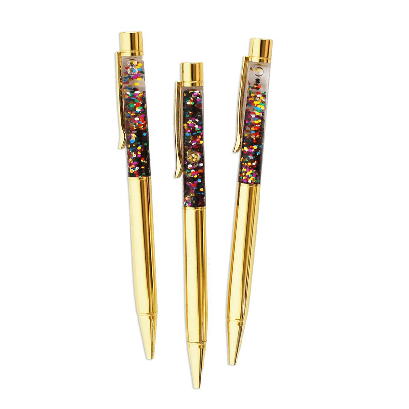 Packed Party To the Point Confetti Floating Ballpoint Pens Set of 3 - Refillable Retractable Gold Pens with Floating Confetti Tops and Smooth Black Ink