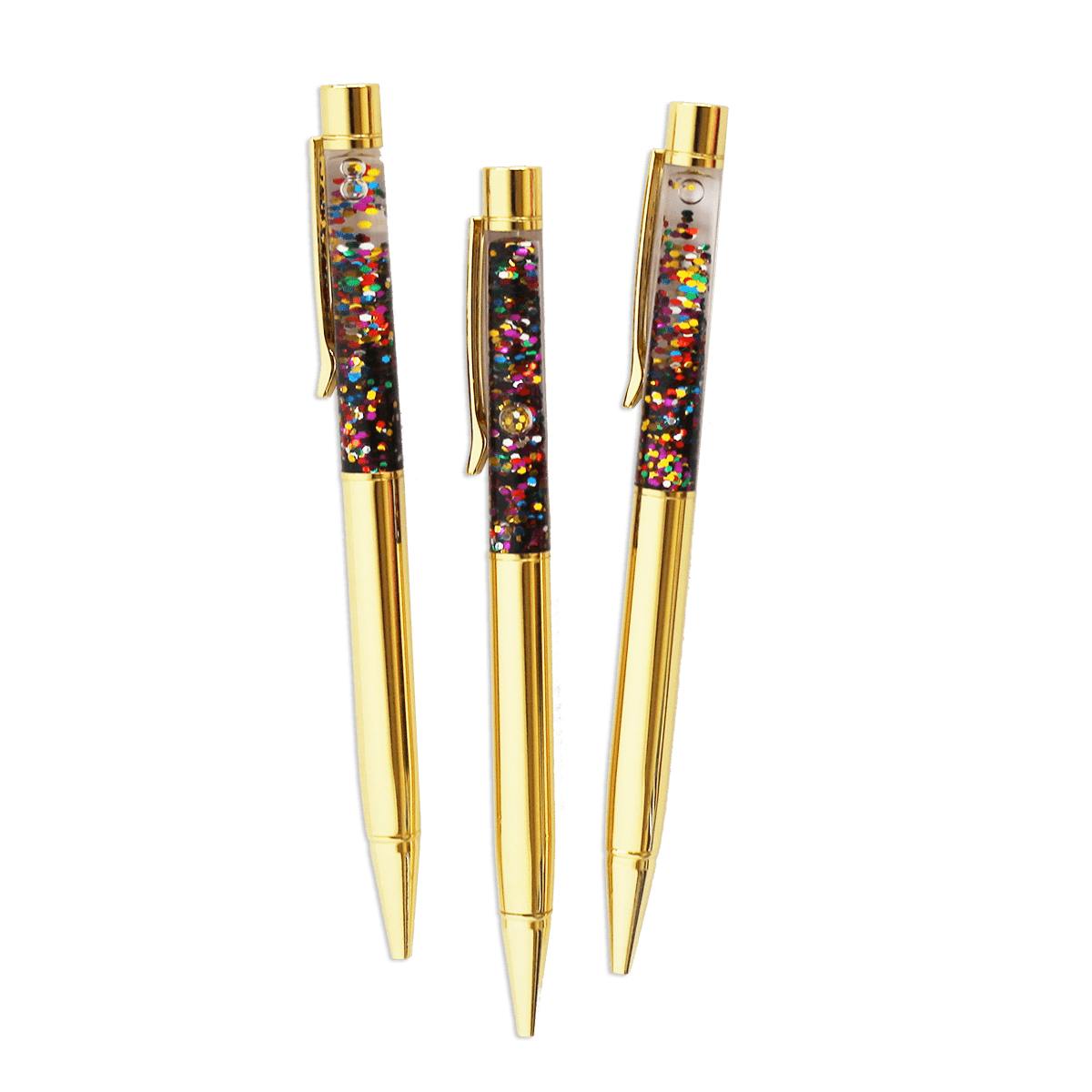 Packed Party To the Point Confetti Floating Ballpoint Pens Set of 3 - Refillable Retractable Gold Pens with Floating Confetti Tops and Smooth Black Ink