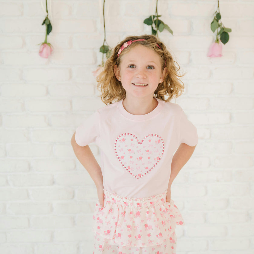 Dainty Rose Pearl Heart Patch Short Sleeve T-Shirt