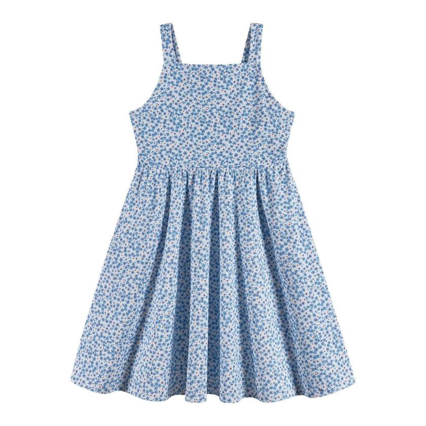 Tween Girls Floral Printed Dress W. Back Cutout | Blue Floral