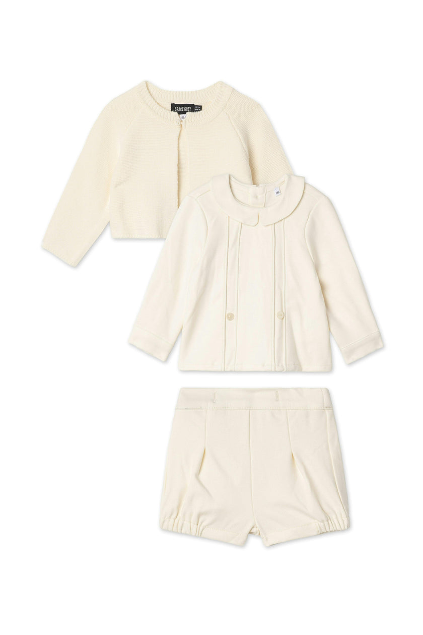 Woolen Button Front Long Sleeve Cardigan, Shirt, and Shorts Three Piece Set
