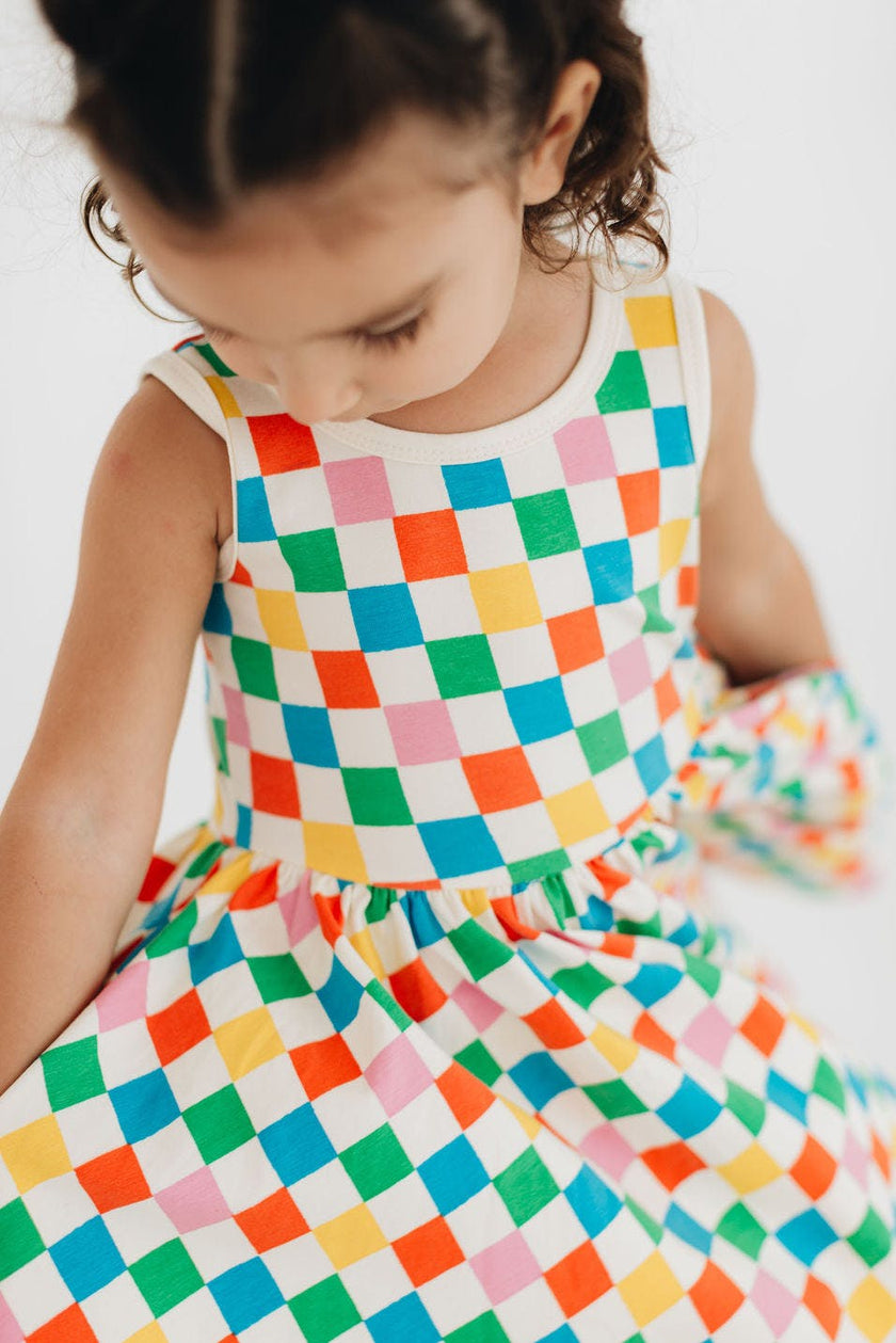 Sleeveless Twirl Dress in Party Checkers