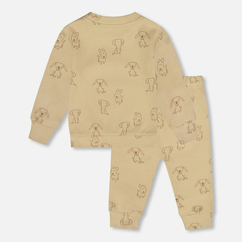 Organic Cotton Pant And Top Set Beige Printed Dogs