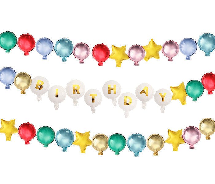 Packed Party Birthday Era Customizable Balloon Garland Banner 60ct - Beaded Bracelet-Style 5-Inch Mylar Balloons with 114 Gold Letters, Strings, and Glue Dots