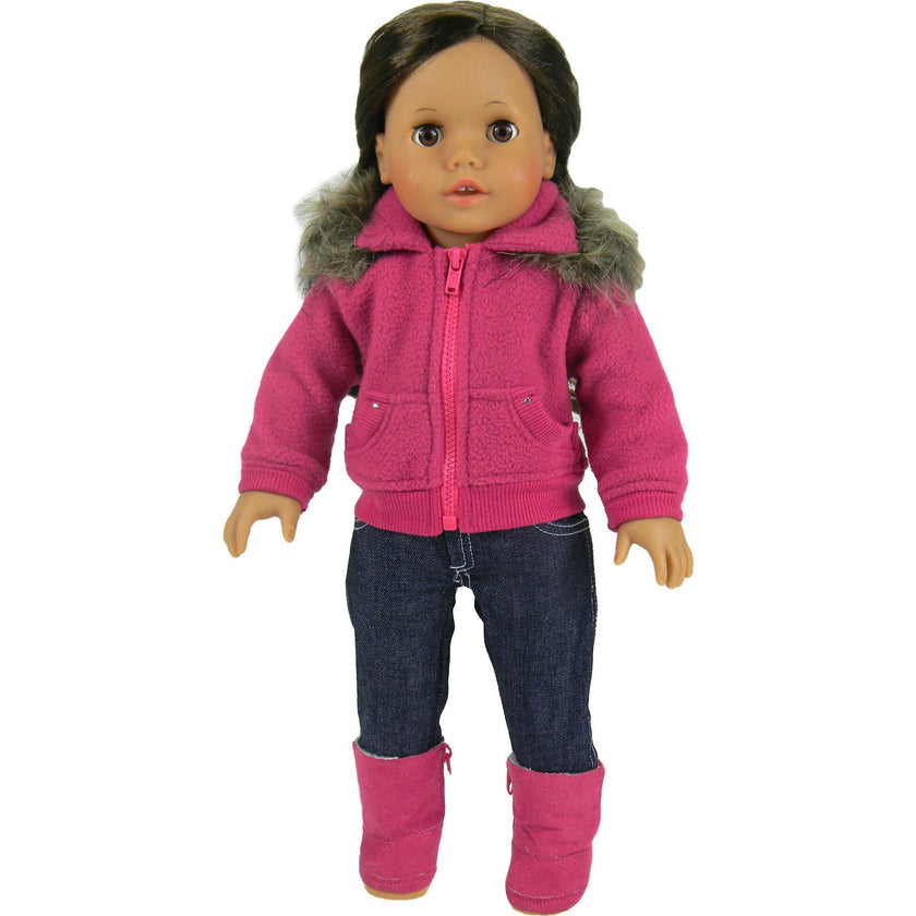 Sophia's Fleece Zip Up Sweatshirt with Faux faux fur Collar for 18" Dolls, Hot Pink