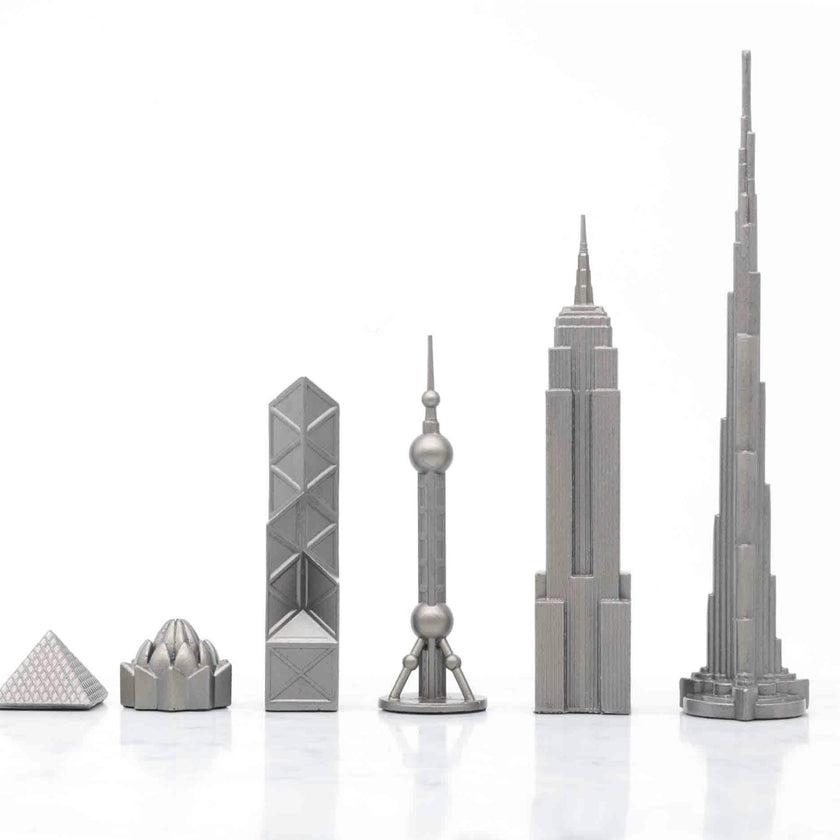 Chess Set Stainless Steel WORLD ICONS with Wooden Grid Board