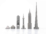 Chess Set Stainless Steel WORLD ICONS with Wooden Grid Board
