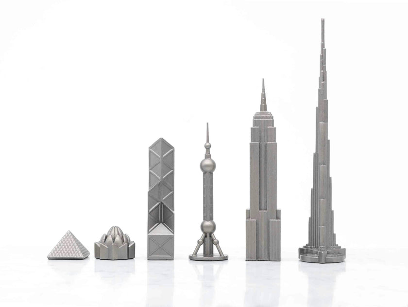 Chess Set Stainless Steel WORLD ICONS with Wooden Grid Board