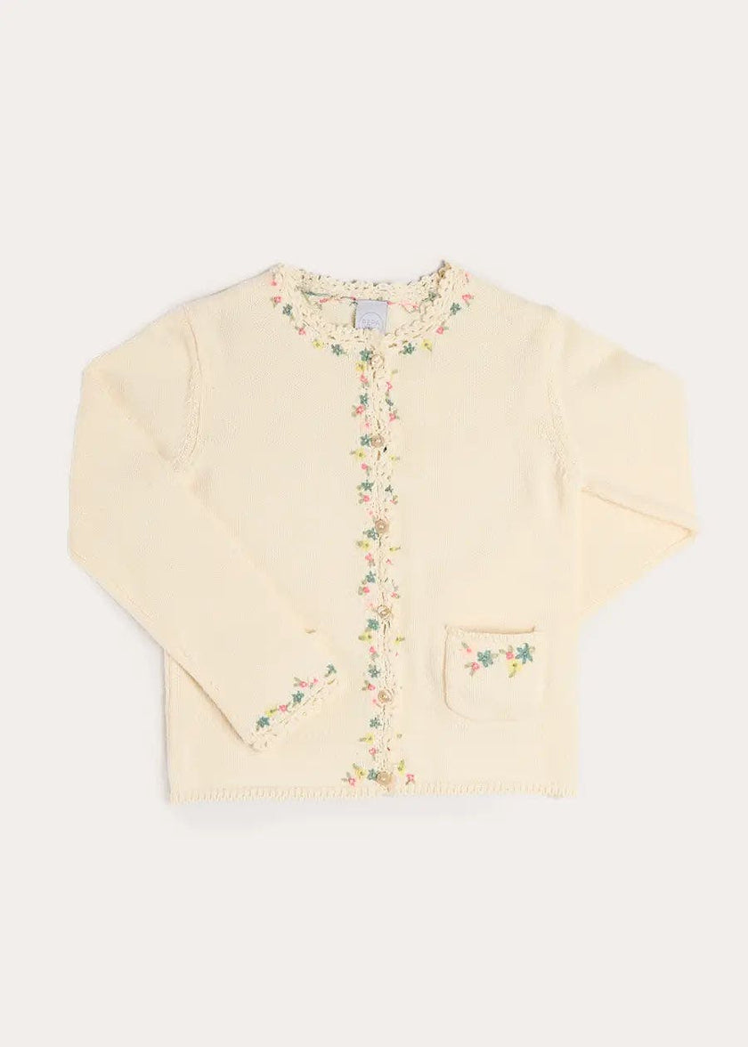 Wildflower Embroidered Openwork Detail Cotton Cardigan in Cream (18mths- 10yrs)