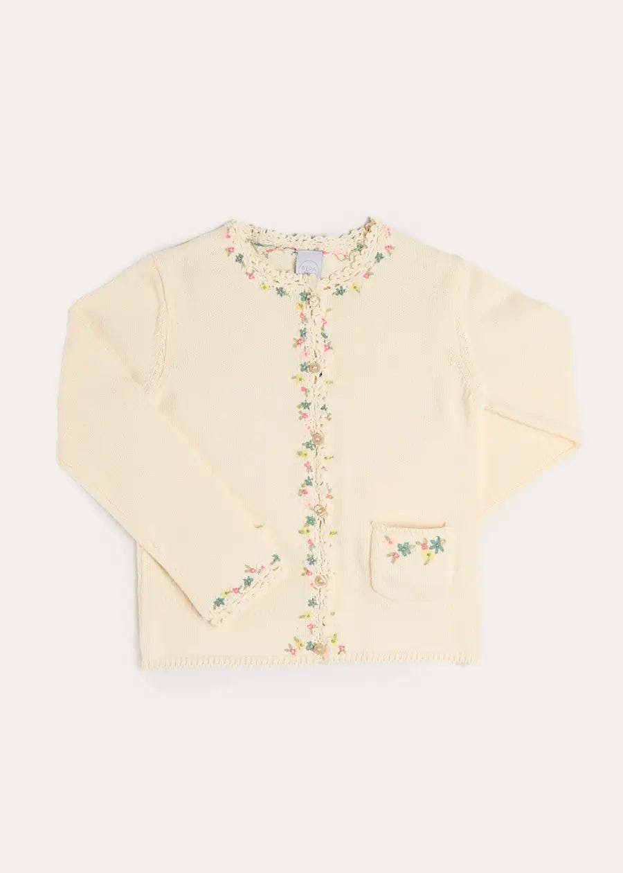 Wildflower Embroidered Openwork Detail Cotton Cardigan in Cream (18mths- 10yrs)