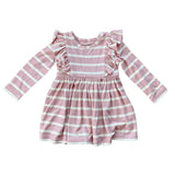 Girls Long Sleeve Ruffle Dress in Misty Rose Stripe