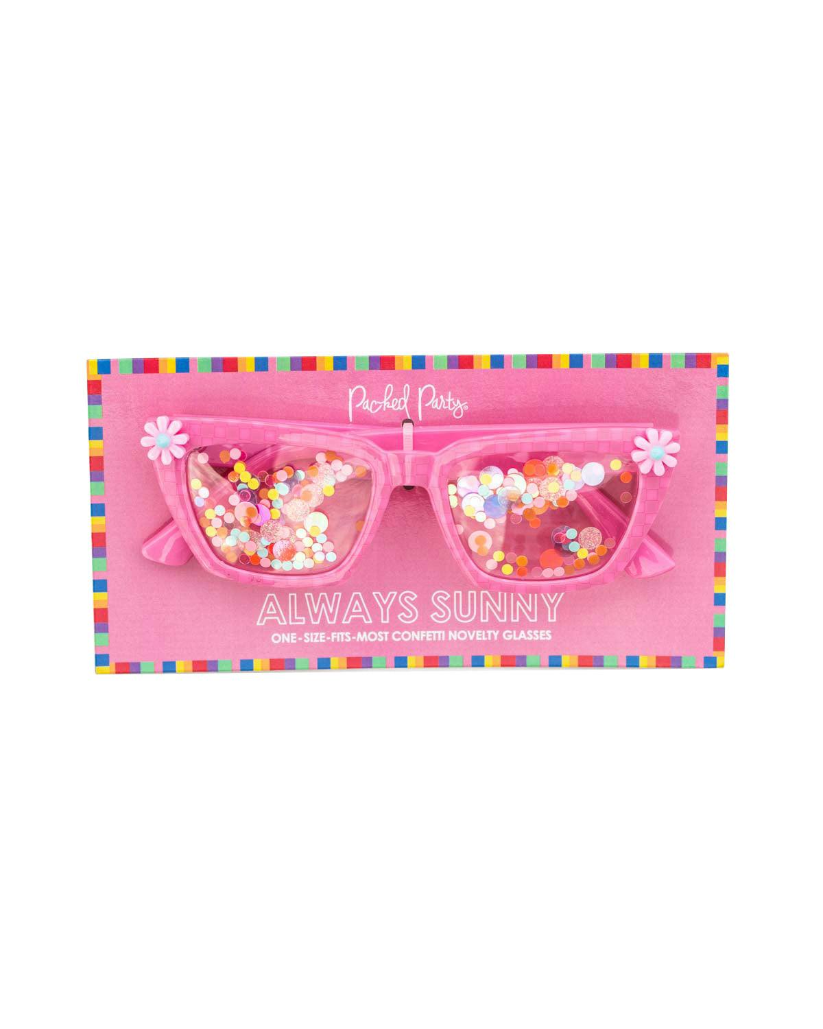 Packed Party Vitamin Me Confetti Novelty Sunglasses - Pink Checkered Frames with 3D Silicone Flowers and Multicolor Confetti Lenses, 2x6 Inch, One Size
