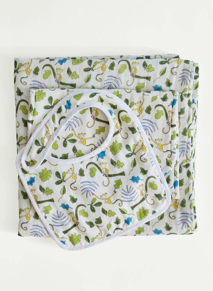 Baby Bib & Shawl Blanket Set - Happy Monkey