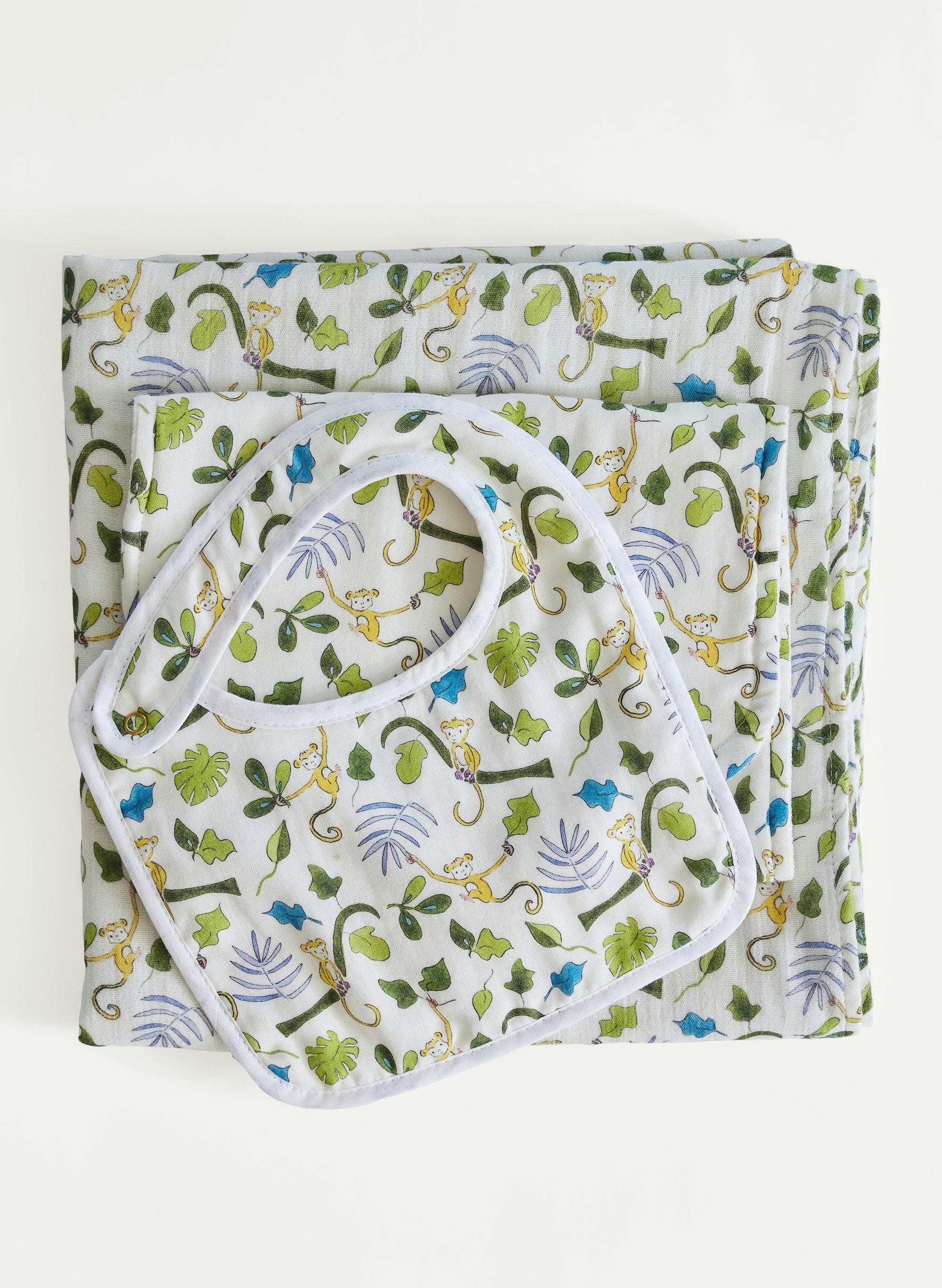 Oh Baby! Shawl Blanket, Bib & Burp Set - Happy Monkey