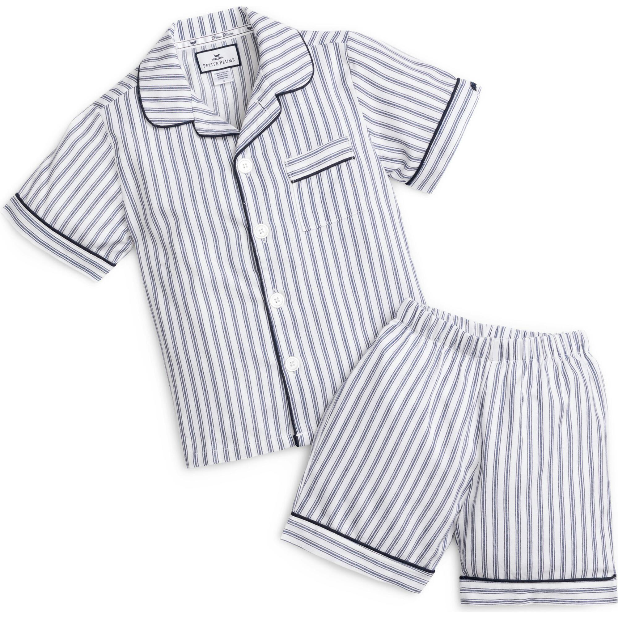 Kid's Twill Pajama Short Set in Navy French Ticking