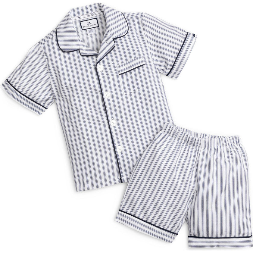 Kid's Twill Pajama Short Set in Navy French Ticking