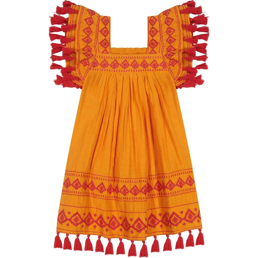 Serena Girls Tassel Dress Sunkist Embroidery, Orange