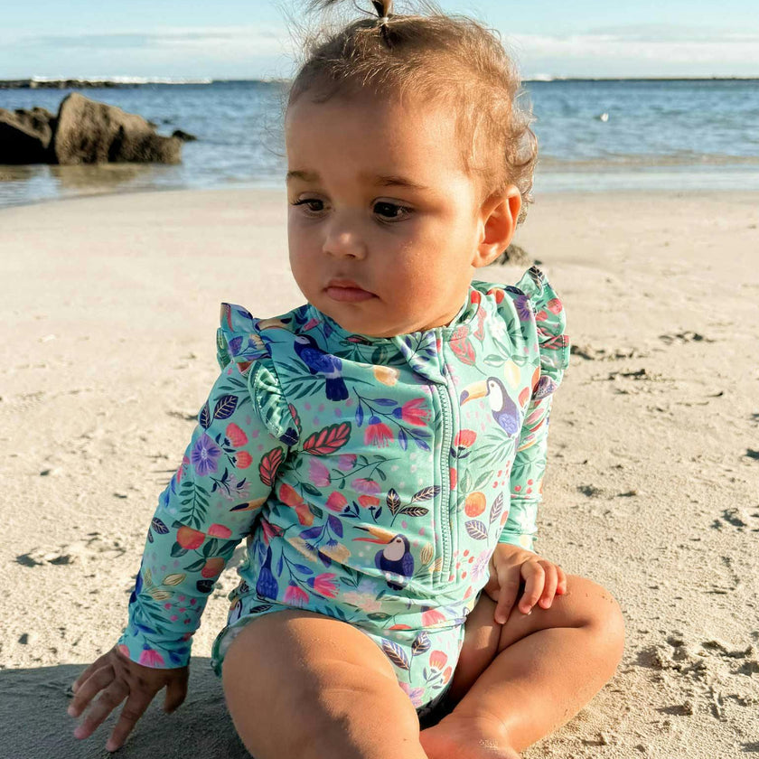 Frilly L/S Swimsuit and Hat Toucan Print