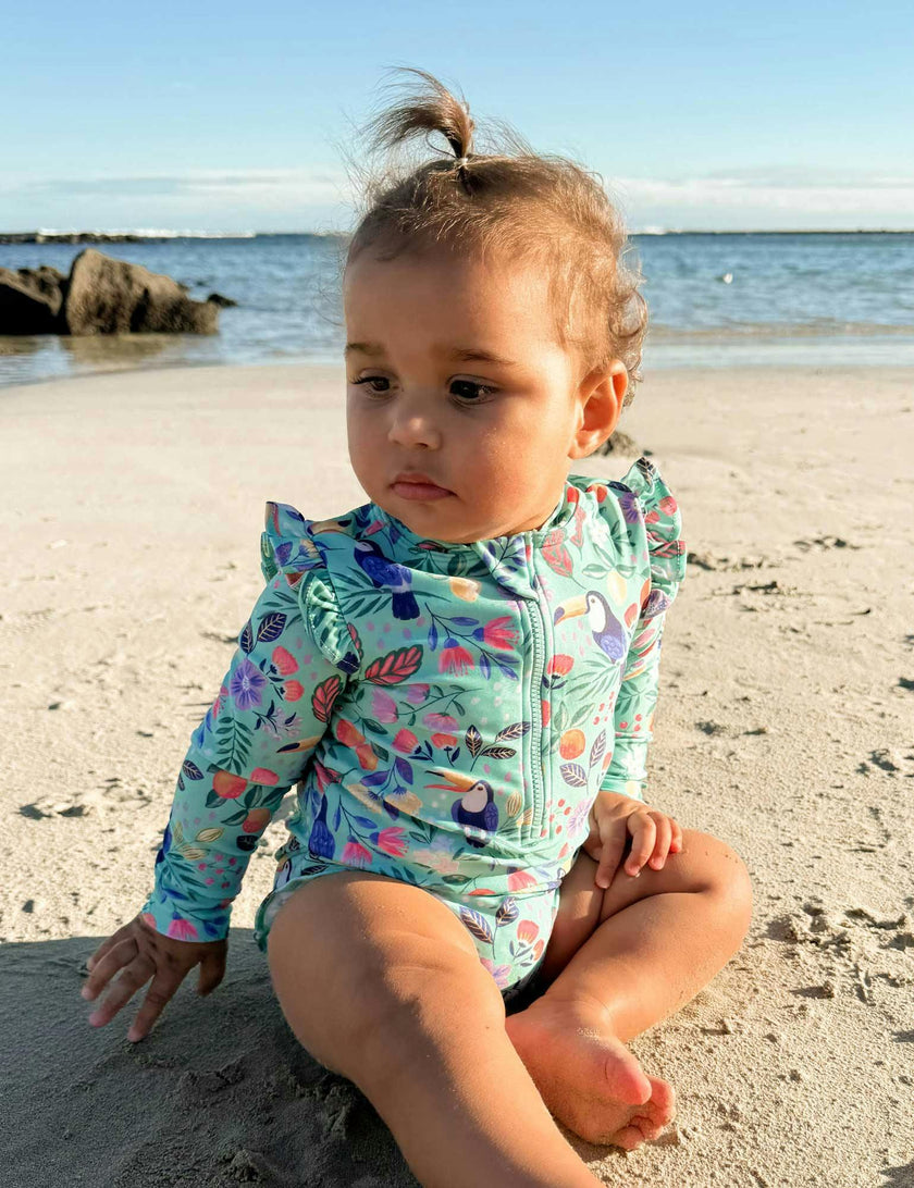 Frilly L/S Swimsuit and Hat Toucan Print