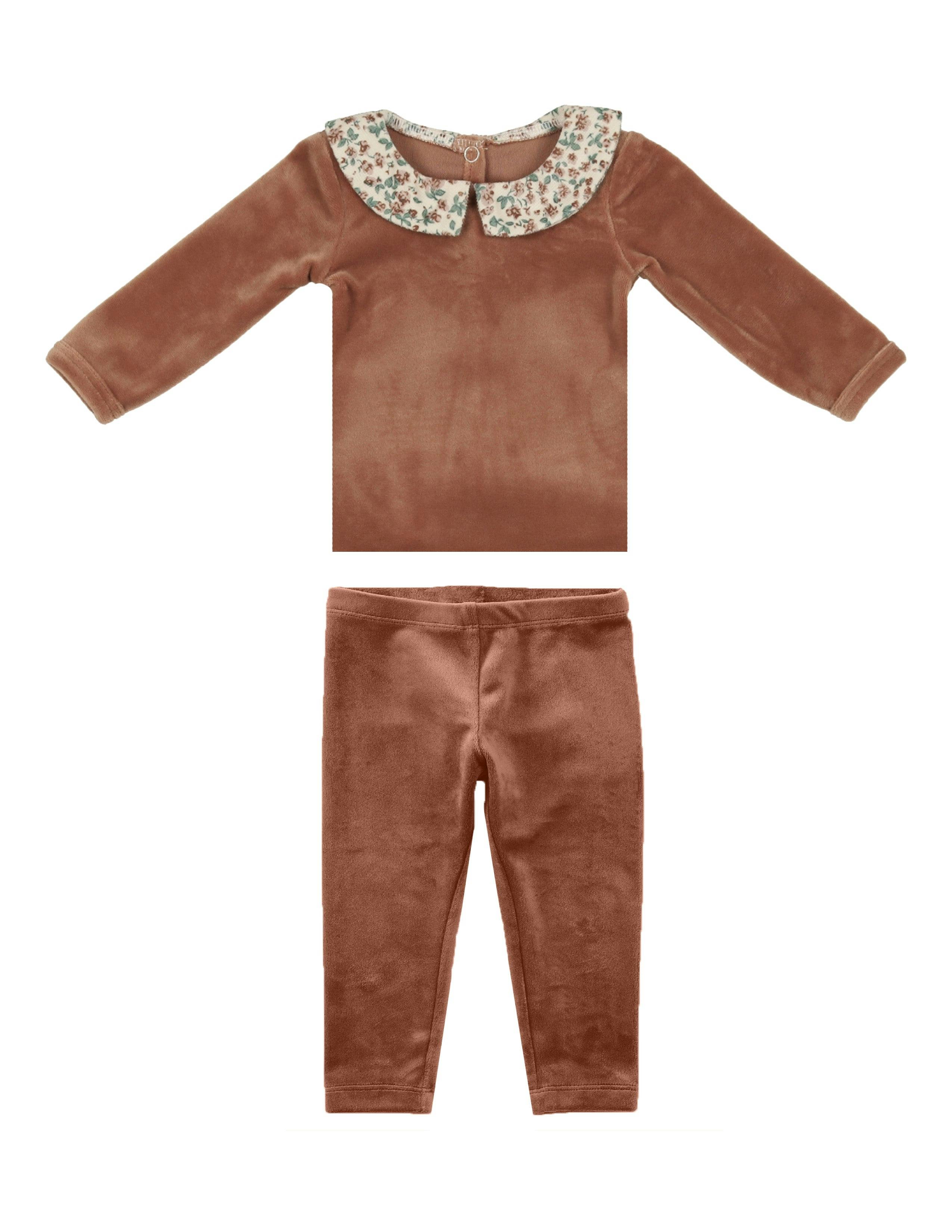 Boy's Velour Floral Peter Pan Collar Top & Pant 2-Piece Set