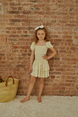Lexi Pastel Yellow Ditsy Satin Smocked Short Sleeve Ruffle Dress