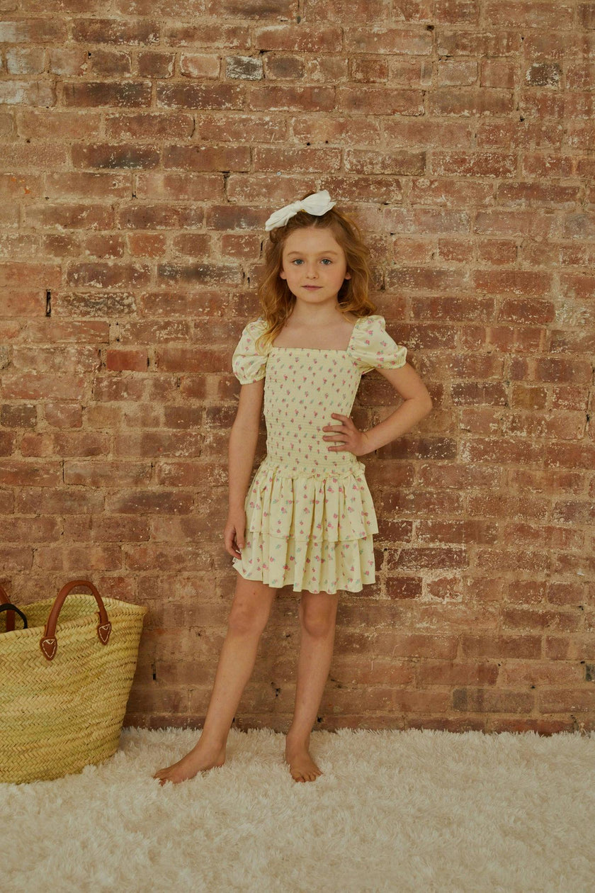 Lexi Pastel Yellow Ditsy Satin Smocked Short Sleeve Ruffle Dress