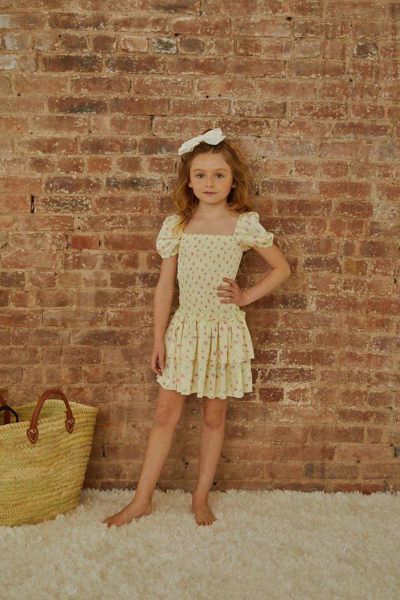 Lexi Pastel Yellow Ditsy Satin Smocked Short Sleeve Ruffle Dress
