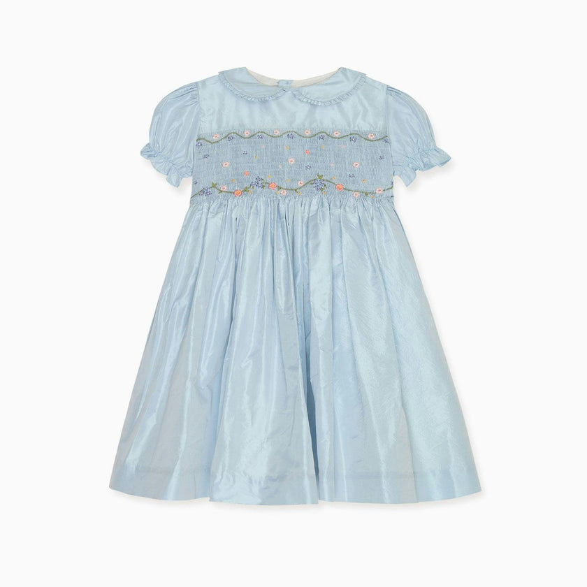 Light Blue Eva Silk Ceremony Girl Hand-Smocked Dress