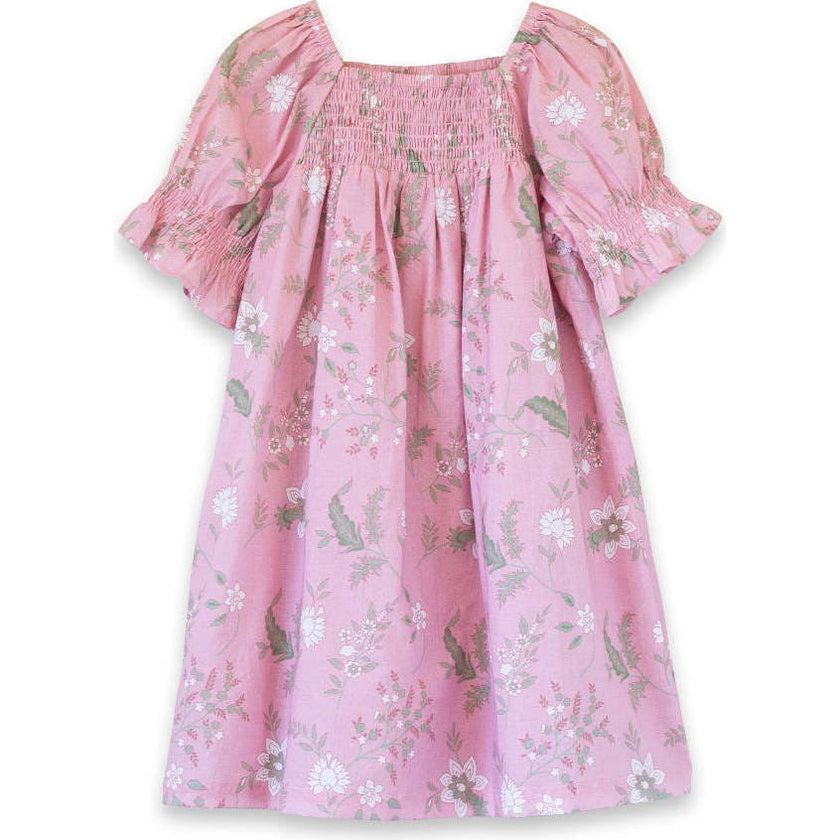 Girls Olivia Dress with Smocking | Pink and Green Fern
