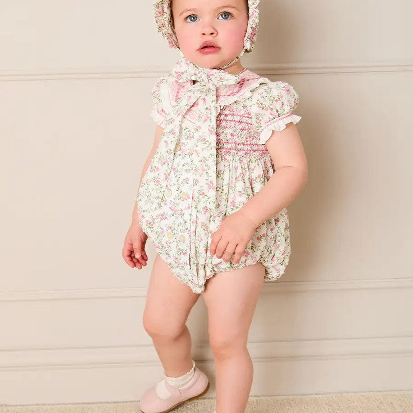 Alice Floral Double Breasted Hand Smocked Romper in Pink (6mths-2yrs)
