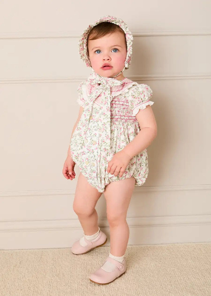Alice Floral Double Breasted Hand Smocked Romper in Pink (6mths-2yrs)