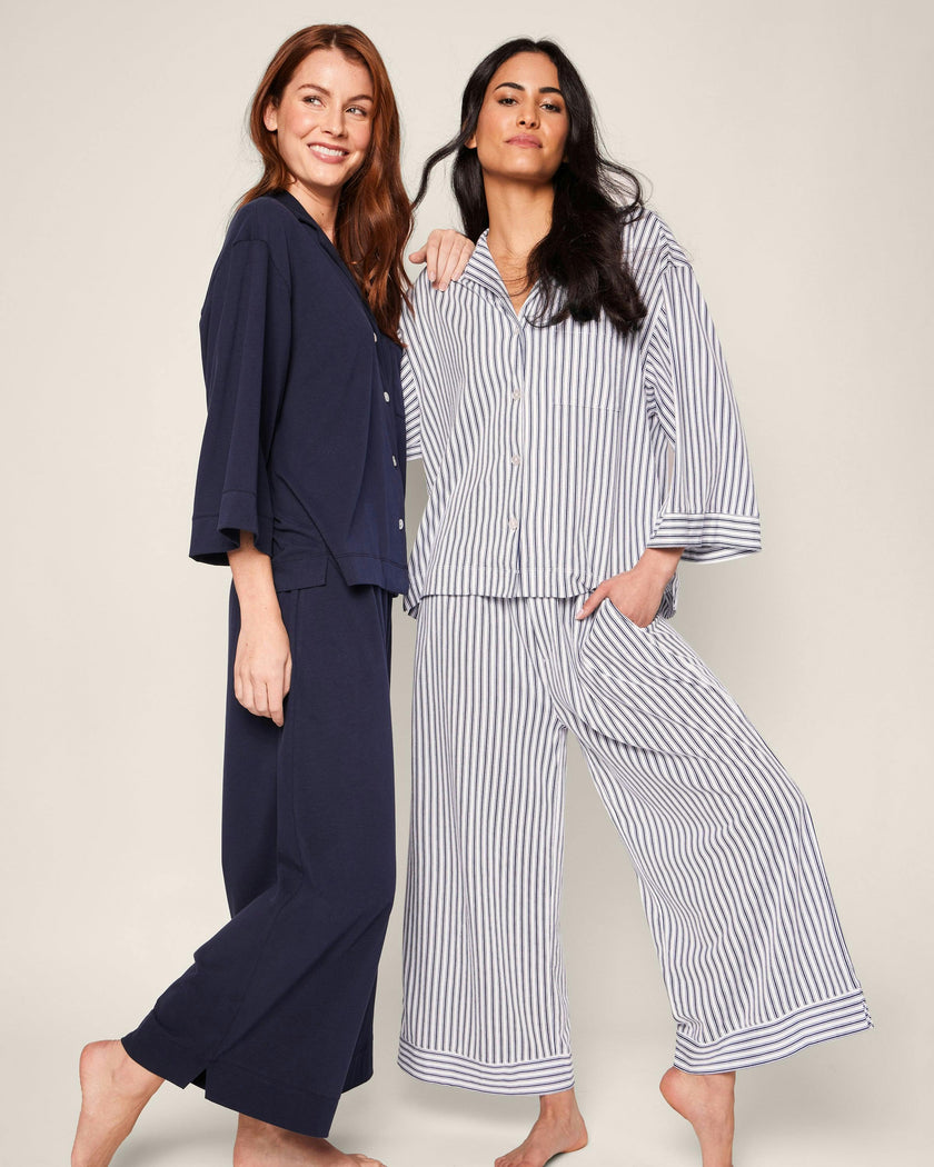 The Olivia Wide Leg Pima Pajama Set in Navy French Ticking